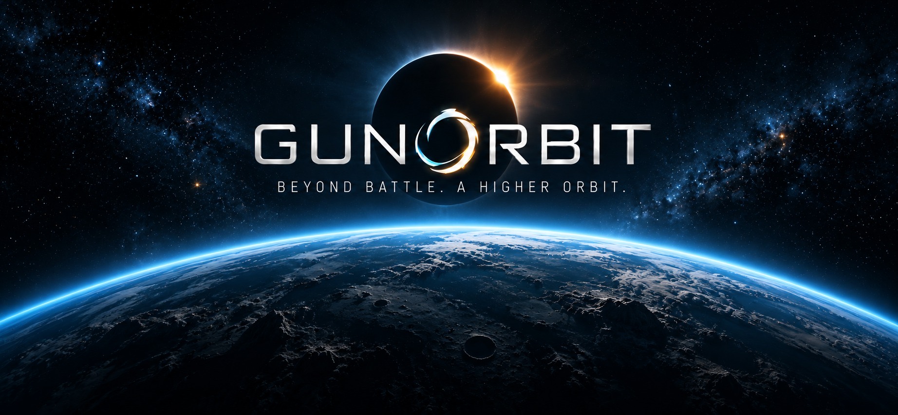 Gunorbit logo above a planet's glowing horizon in space